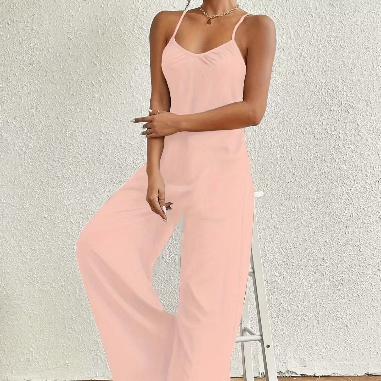 Ladies' Solid Color Chest Pleated Design Cross Suspender Sexy Jumpsuit