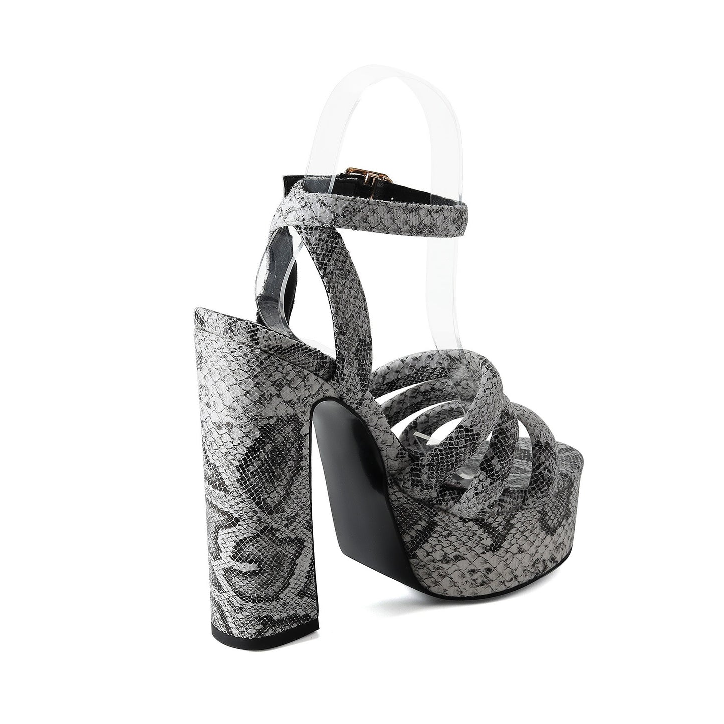 Round toe button strap with exposed toe snake pattern thick heel oversized sandals for women