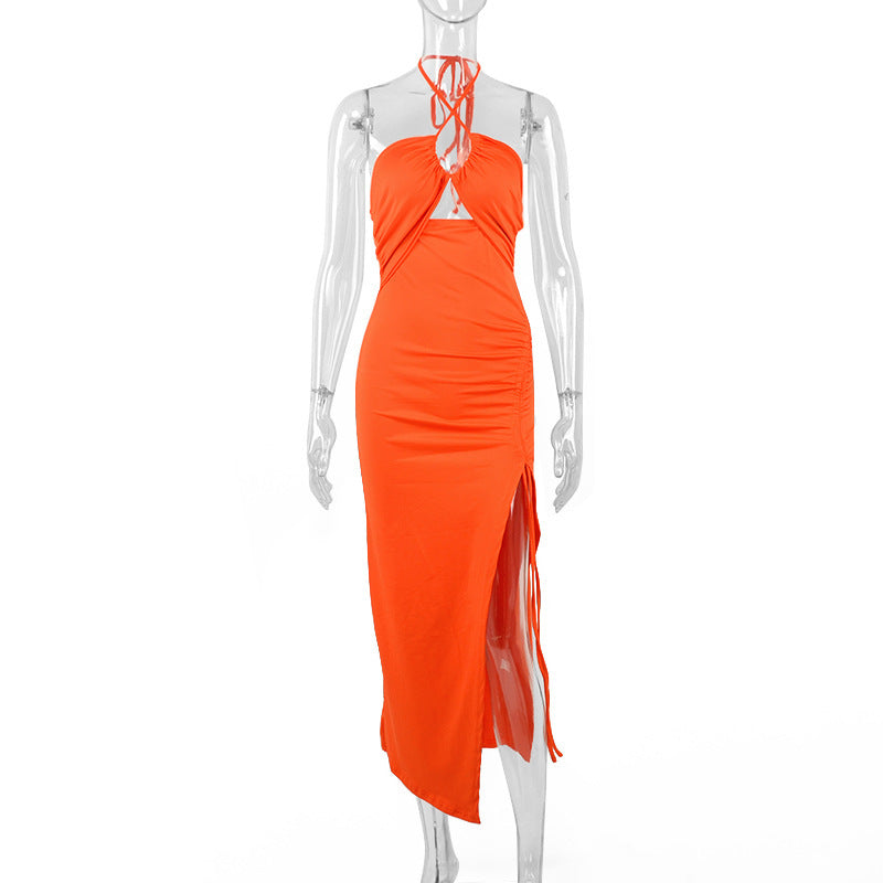 Sexy Halterneck Lace-up Split Dress