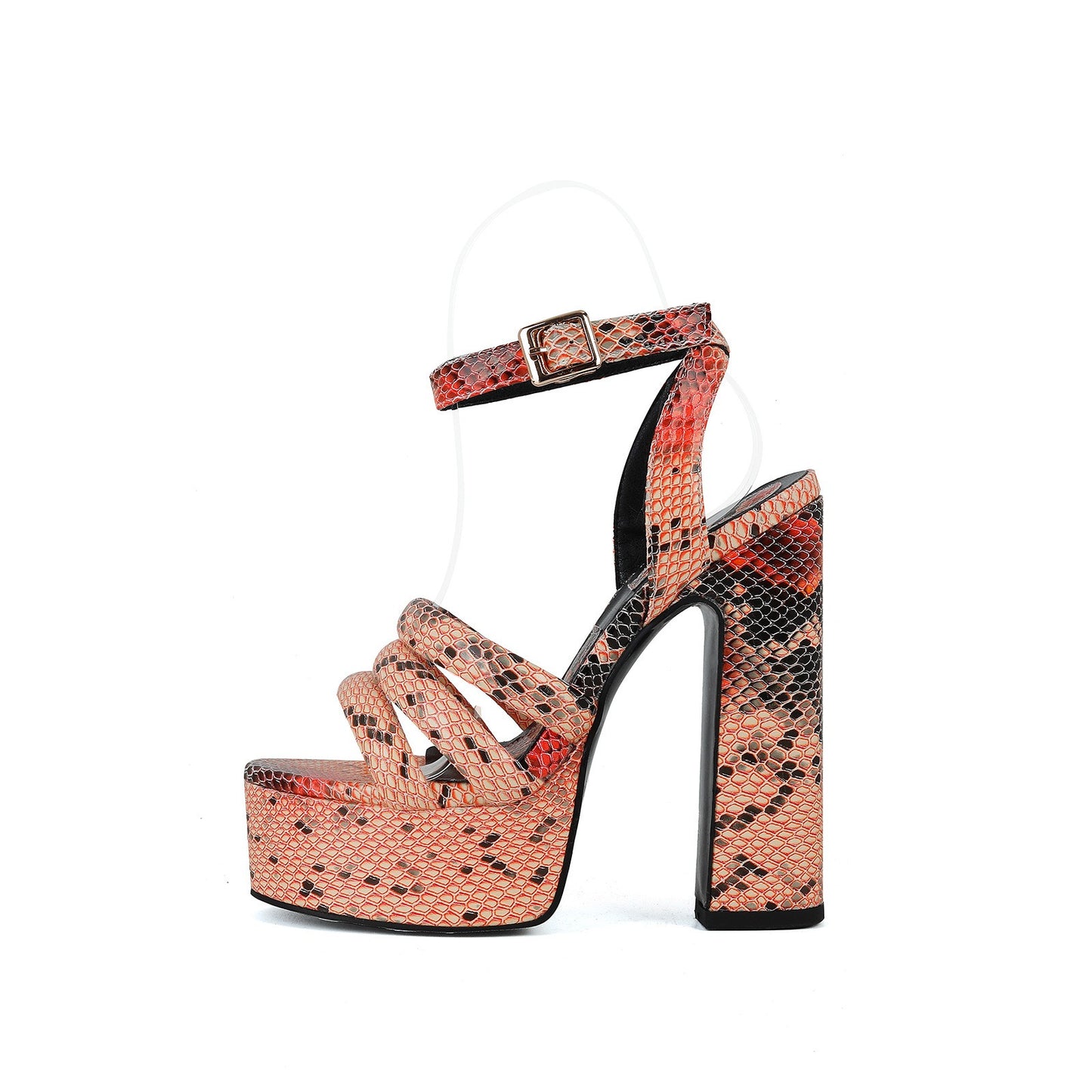 Round toe button strap with exposed toe snake pattern thick heel oversized sandals for women