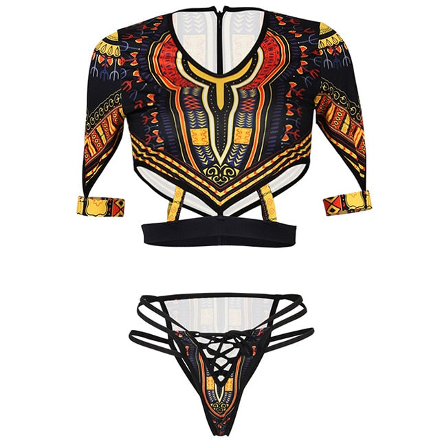African Short Sleeve Swimsuit Dashiki Print Bikini Set Bikinis Women Thong Swimwear