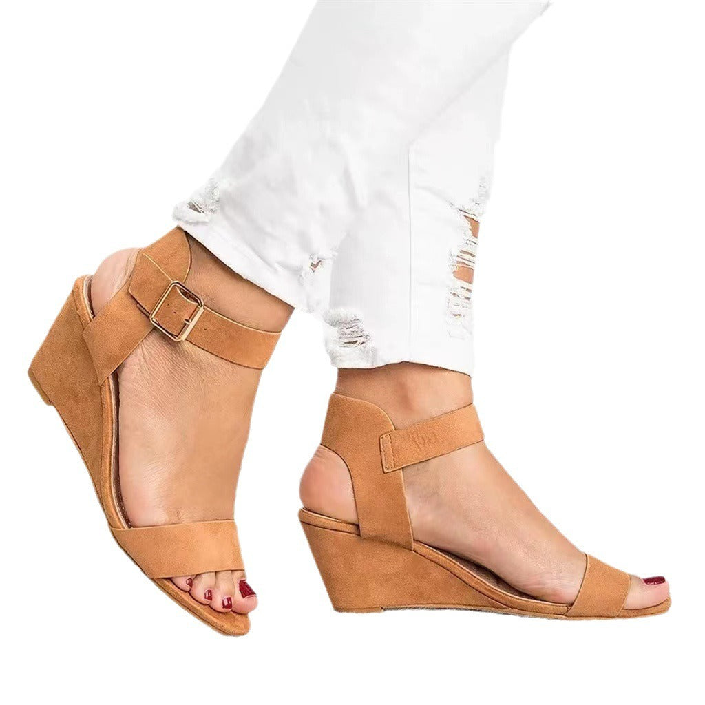 Women's Sandals Solid Color European and American Wind Fish Mouth Open Toe One line Buckle Elevated Slope Heel Sandals