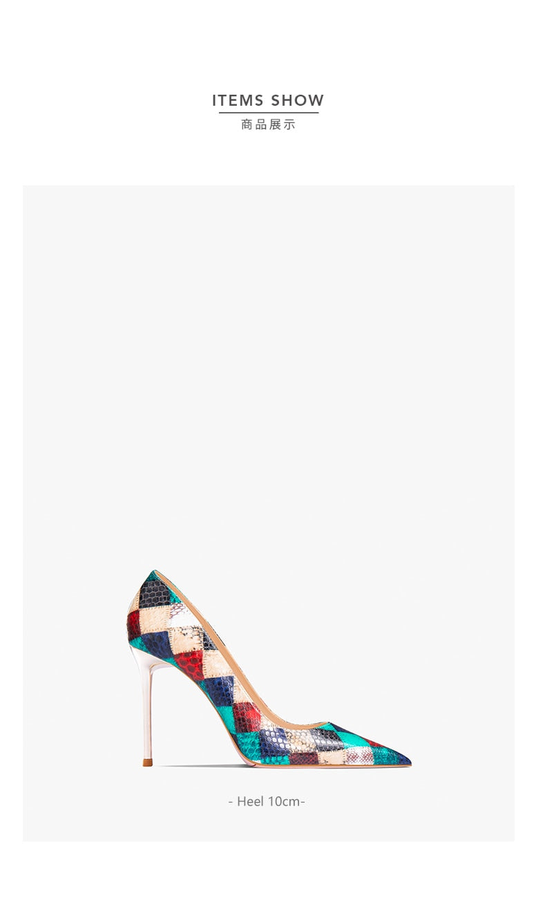 Summer New Red Plaid Snake Pattern Pointed High Heel Shoes Women's French Large Lacquer Shoes