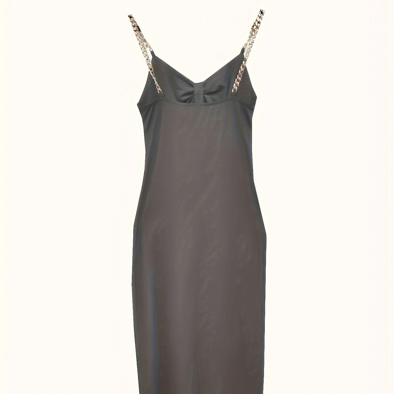 Women's Solid Color Metal Chain Hollow Chest Pleat Details Slit Design Sense Long Dress