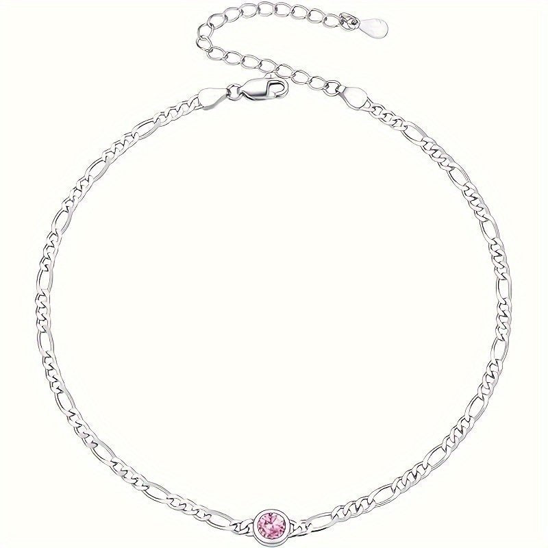 Women's Anklet, Sterling Silver Diamond Cut 3mm Link Anklet With Heart-Round Birthstone, Length 8.5 - 10.5