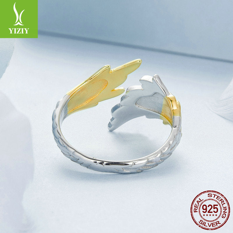 Yinziyun original 14K gold plated over sterling wing opening ring, men's and women's personalized and atmospheric s925 silver gold silver wing ring