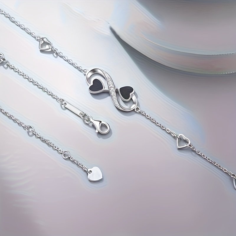 Infinite Love Heart Anklet - Sterling Silver With Black Enamel Hearts