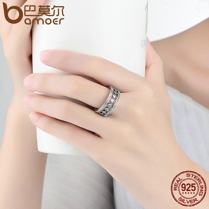 BAMOER 925 Sterling Silver Square Vintage Fascination, Clear CZ Ring