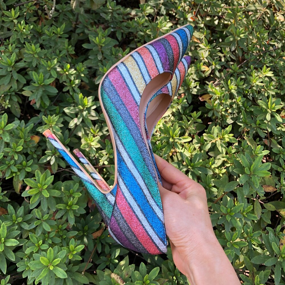 Tikicup Women Rainbow Iridescent High Heels Shiny Glitter Pointy Toe Stilettos Ladies Slip On Pumps Sexy Party Shoes 12/10/8cm