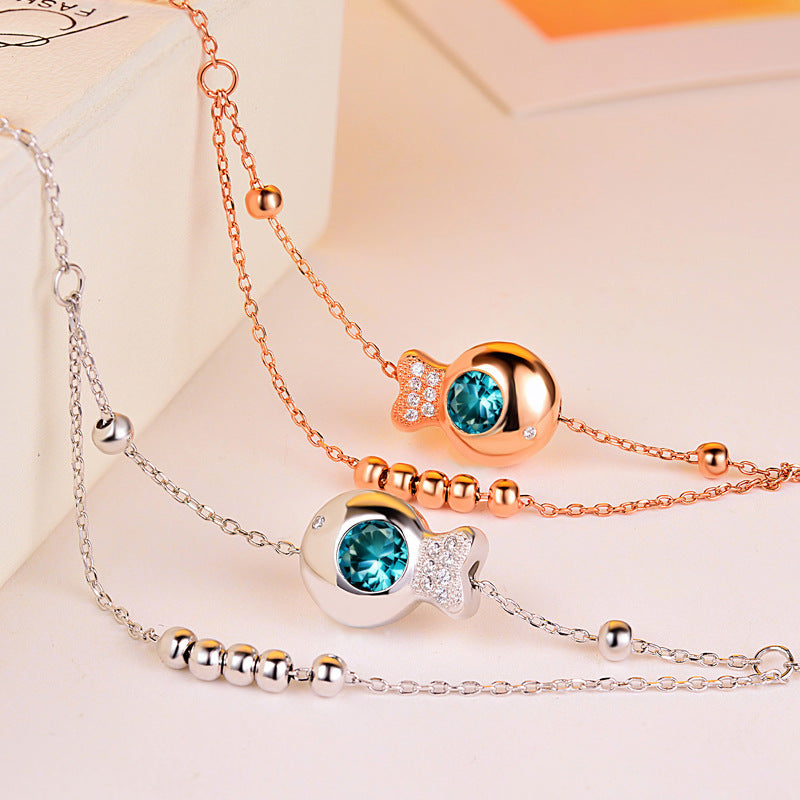 925 Sterling Silver Double Beaded Big Anklet Korean Edition Ocean Heart Small Fish Feet Rose Gold Plated Jewelry
