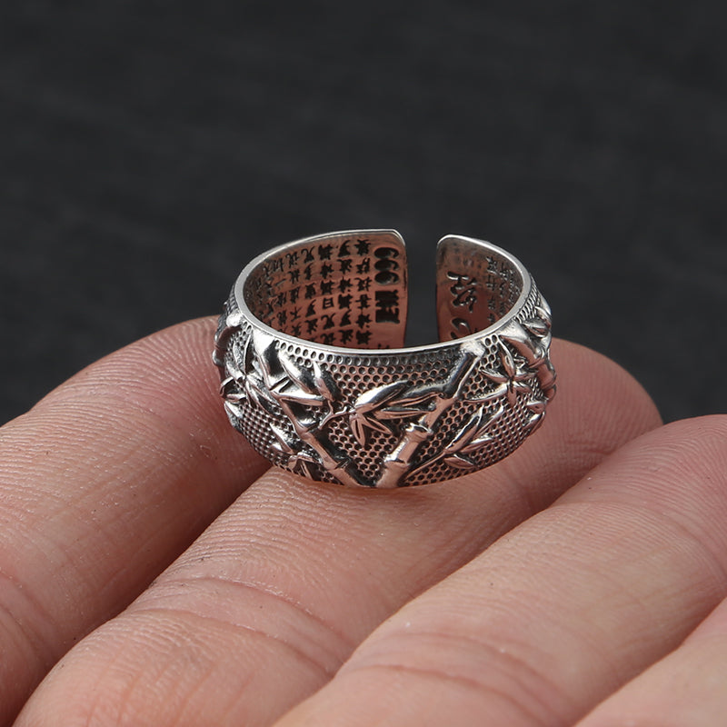 Ethnic Buddha Custom Adjustable Ring 100% S999 Sterling Silver jewelry Men Rich bamboo Lucky Scripture Mantra LOVE Ring R12