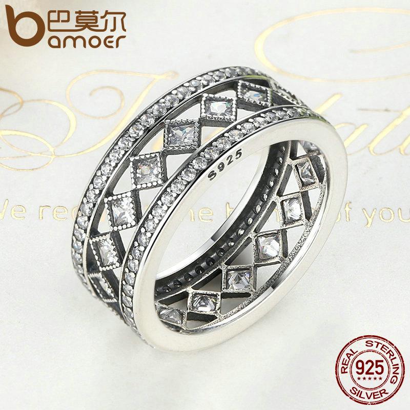BAMOER 925 Sterling Silver Square Vintage Fascination, Clear CZ Ring