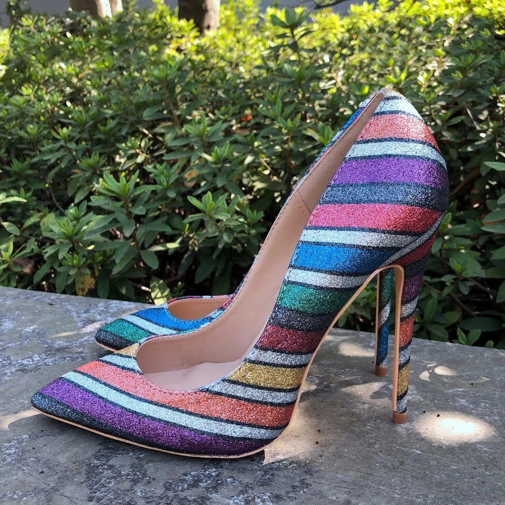 Tikicup Women Rainbow Iridescent High Heels Shiny Glitter Pointy Toe Stilettos Ladies Slip On Pumps Sexy Party Shoes 12/10/8cm