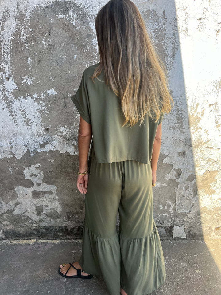 Short-sleeved Summer Pullover Top And Drawstring Wide-leg Pants For Women