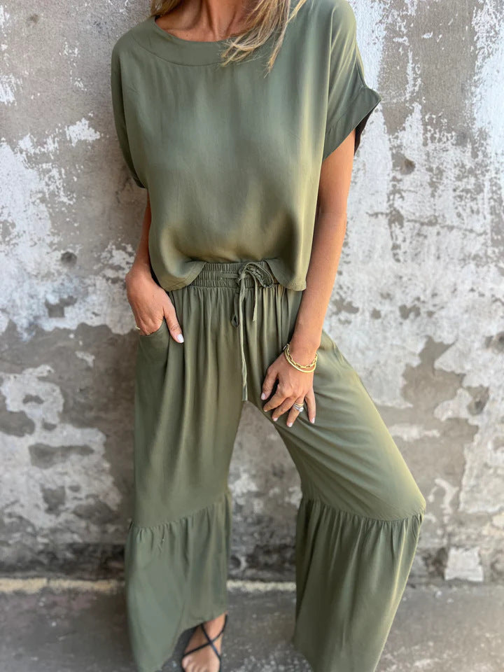 Short-sleeved Summer Pullover Top And Drawstring Wide-leg Pants For Women