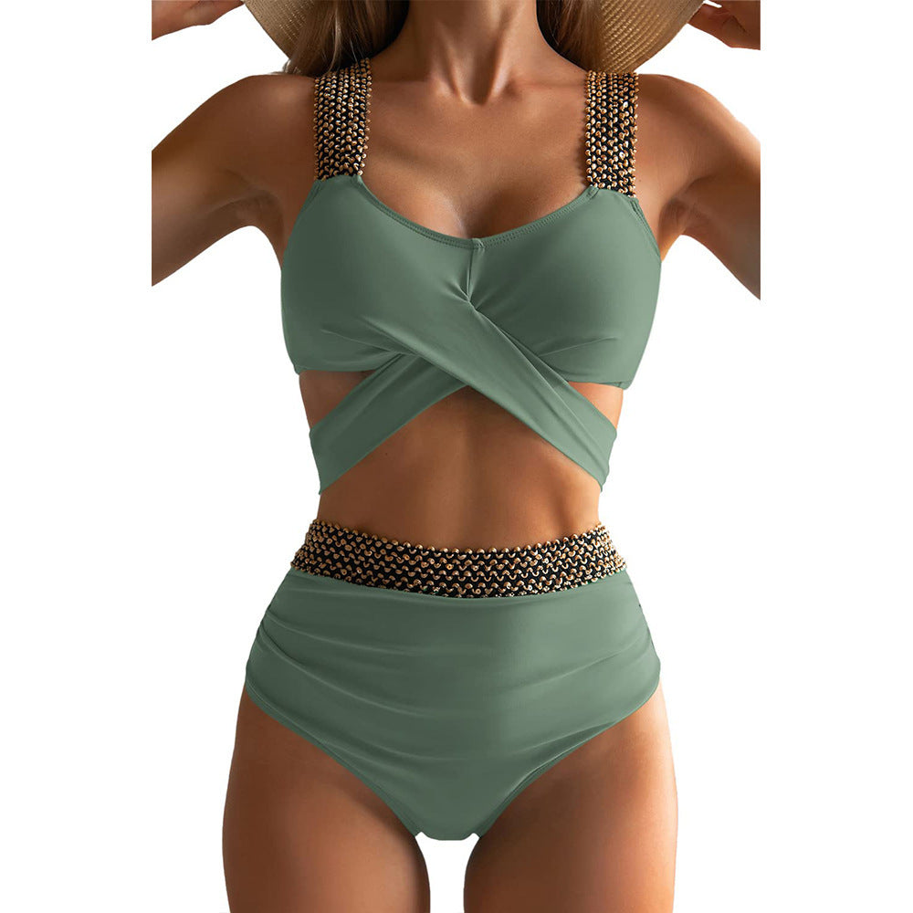 Split tight female sexy cross backless solid color swimsuit