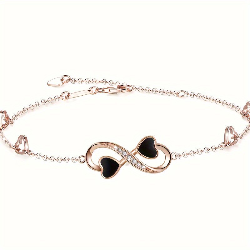 Infinite Love Heart Anklet - Sterling Silver With Black Enamel Hearts