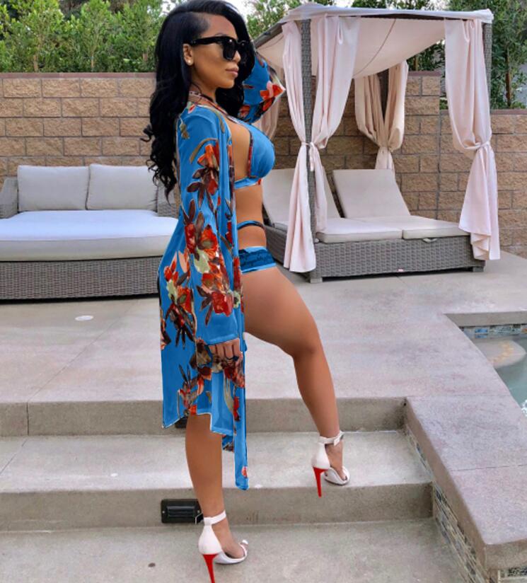 Bikini+Cove Up 3PCS Set Sexy Thong High Cut Swimwear Women Floral Print Swimsuit Beach Cardigan Swim Wear