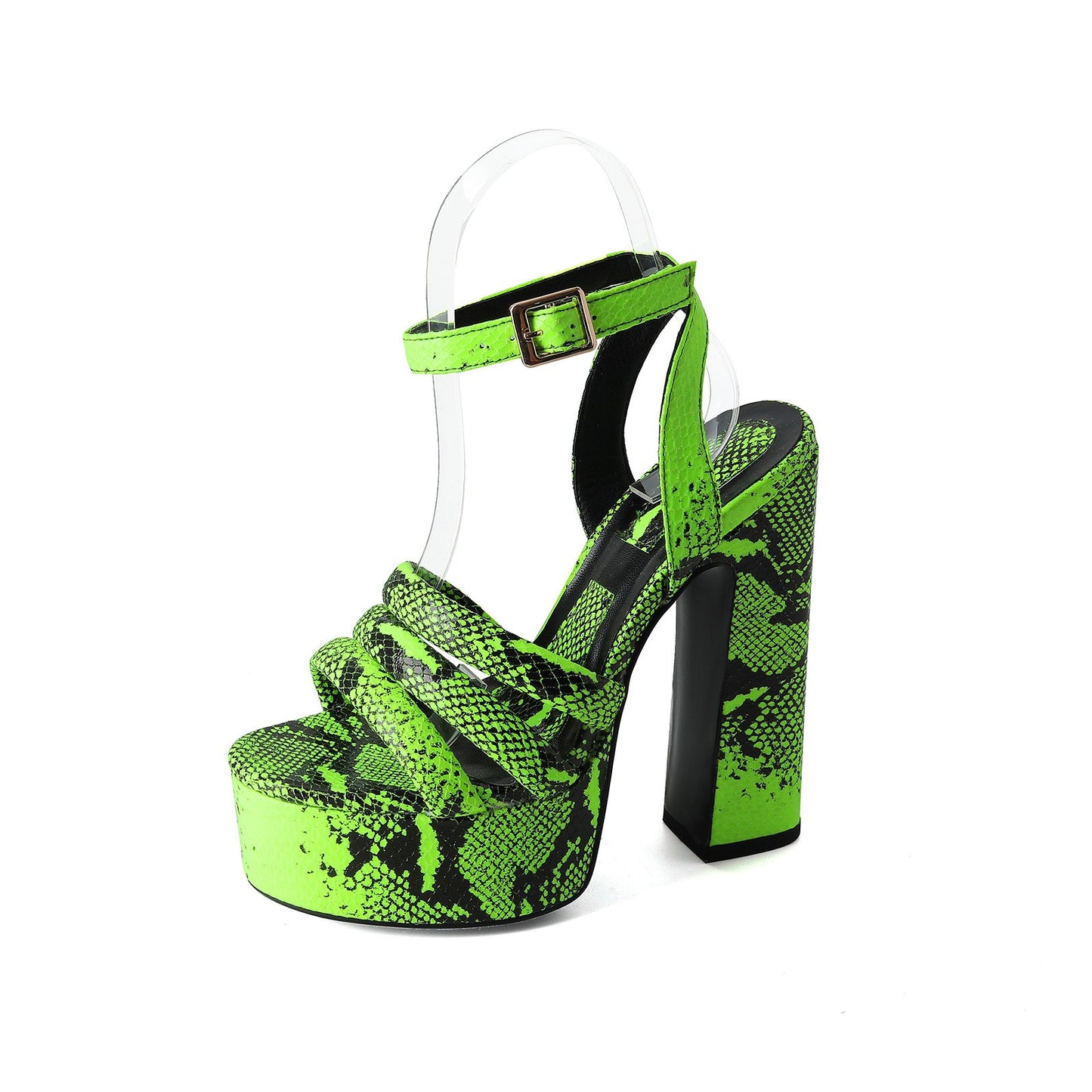Round toe button strap with exposed toe snake pattern thick heel oversized sandals for women