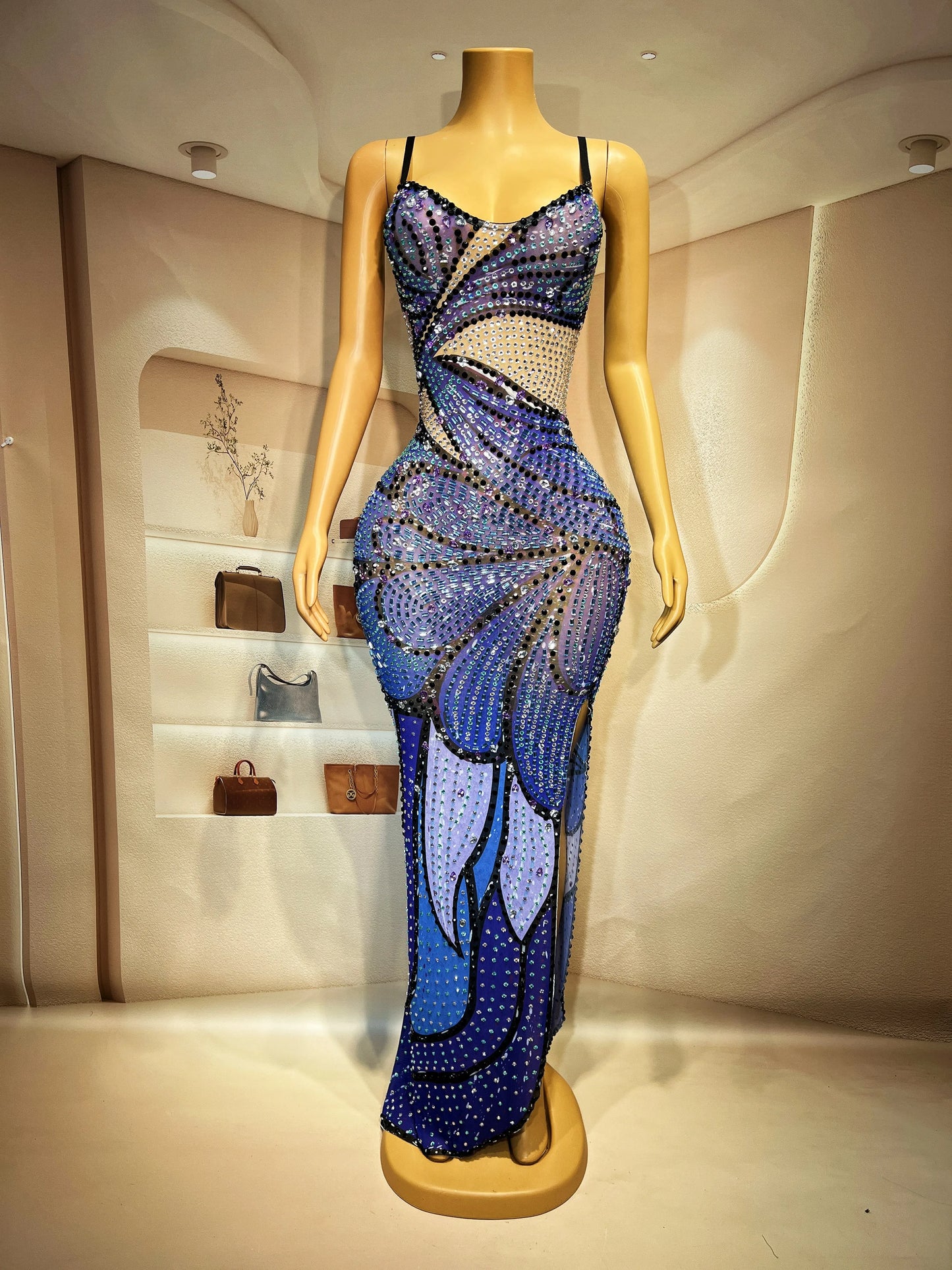 Women’s dress with sparkling diamond print fashionable slit slim fit
