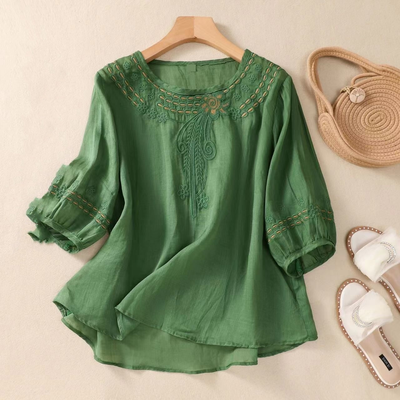 Vintage Cotton And Linen Embroidered Shirt Summer Half Sleeve