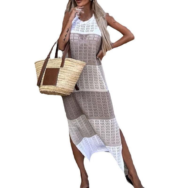 Round Neck Sleeveless Contrast Color Slit Hemline Knitted Dress