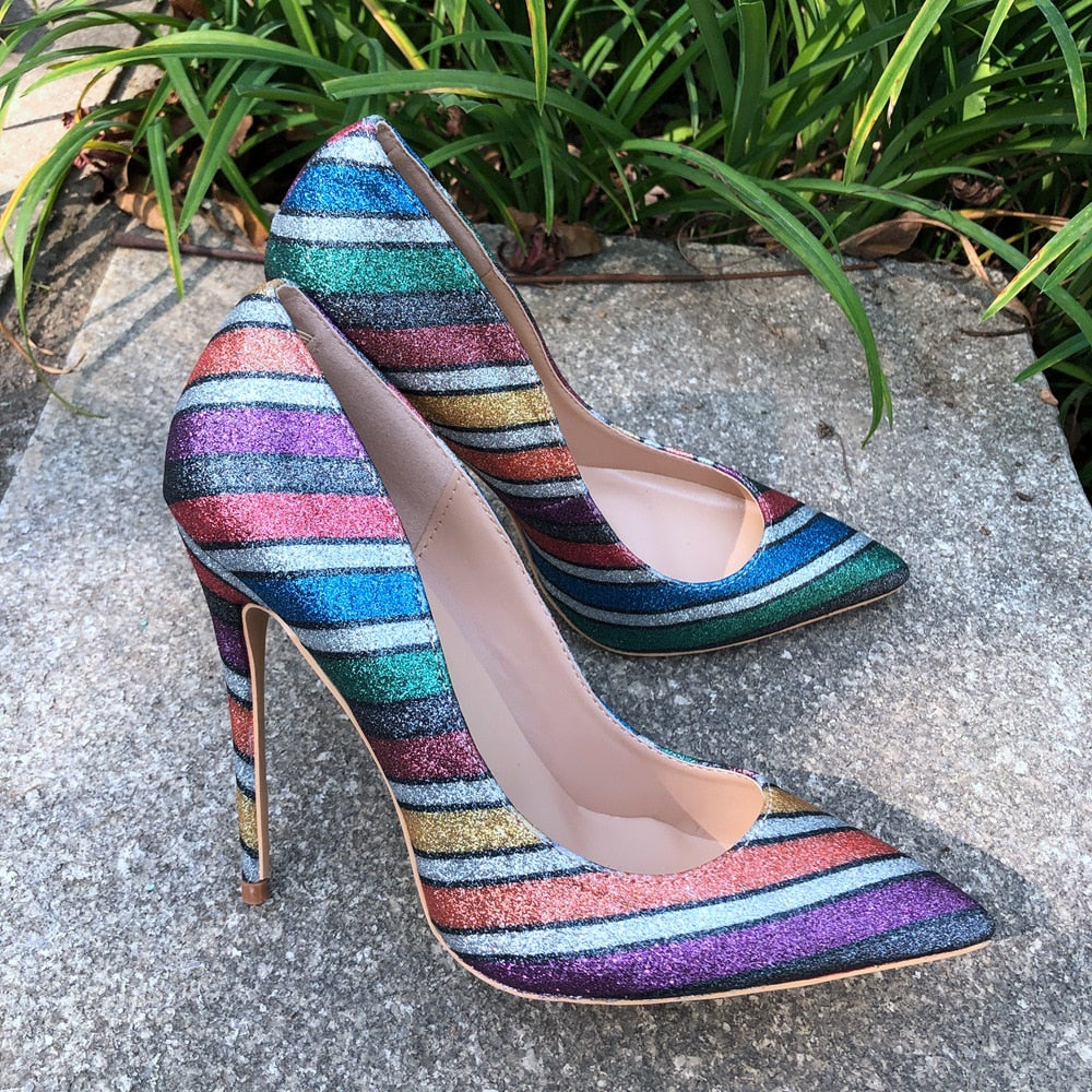 Tikicup Women Rainbow Iridescent High Heels Shiny Glitter Pointy Toe Stilettos Ladies Slip On Pumps Sexy Party Shoes 12/10/8cm