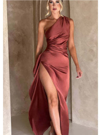 Sexy One-shoulder Satin Backless Slit Dress