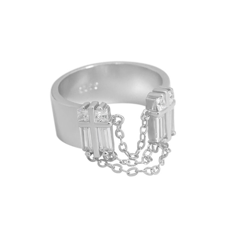 simple cold style zircon chain tassel texture S925 sterling silver ring for women