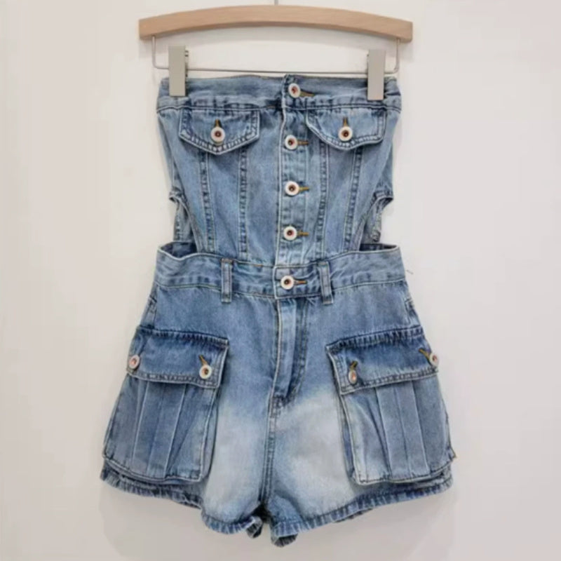 Breasted Hollow-out Midriff Tube Top Cowboy Siamese Shorts For Women