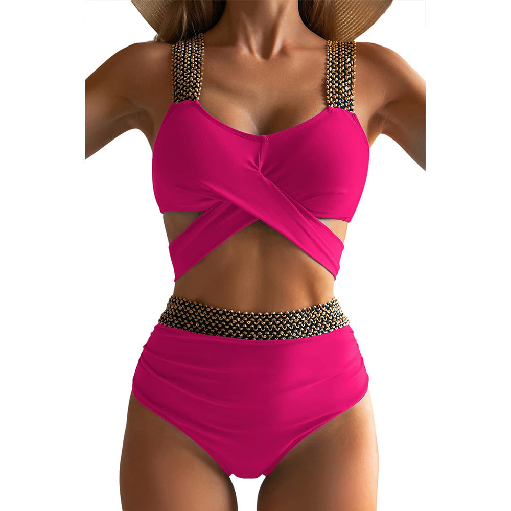 Split tight female sexy cross backless solid color swimsuit