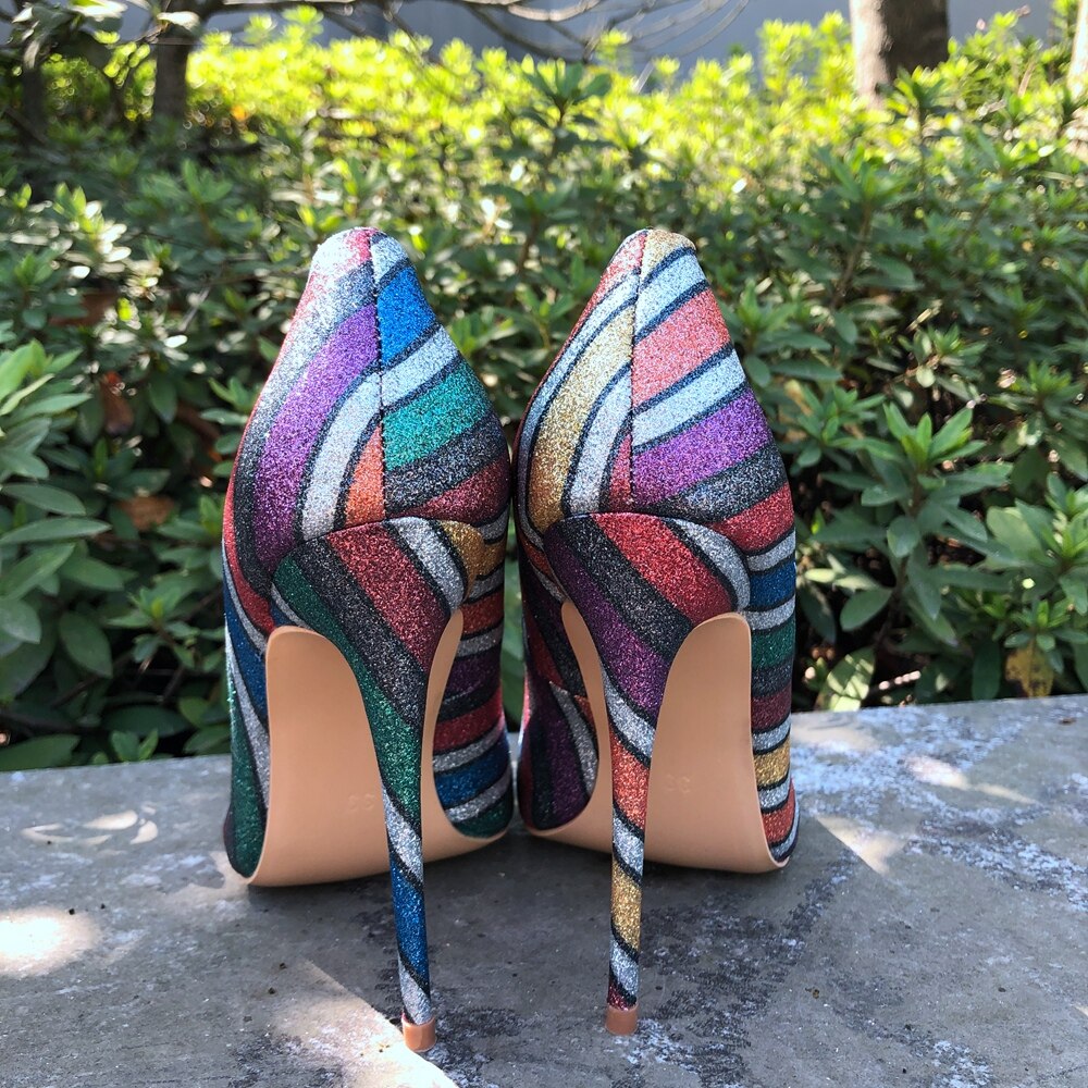 Tikicup Women Rainbow Iridescent High Heels Shiny Glitter Pointy Toe Stilettos Ladies Slip On Pumps Sexy Party Shoes 12/10/8cm
