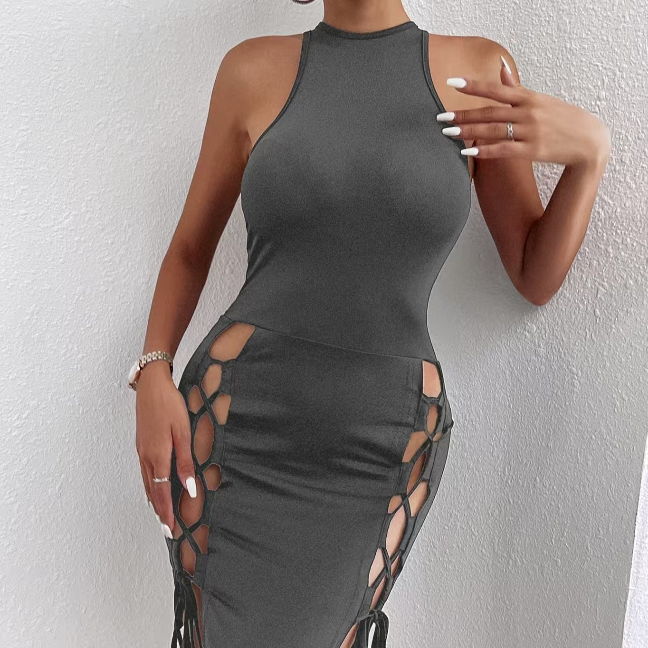 Women's Solid Color Sleeveless Skirt With Slit And Cross Tie, Dress, Short Skirt