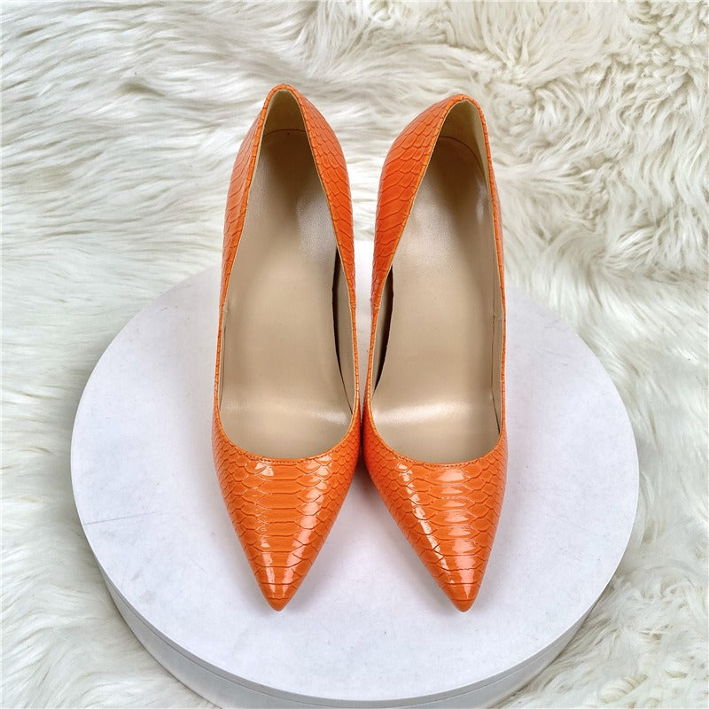 Orange snake patterned socialite high heels pointed toe thin heels, fashionable women's shoes
