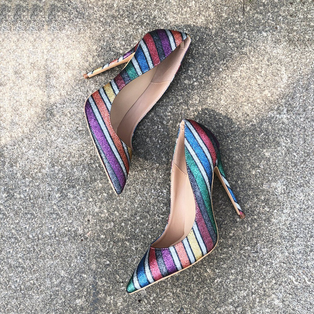 Tikicup Women Rainbow Iridescent High Heels Shiny Glitter Pointy Toe Stilettos Ladies Slip On Pumps Sexy Party Shoes 12/10/8cm