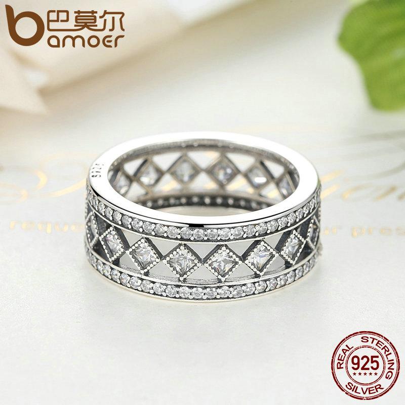 BAMOER 925 Sterling Silver Square Vintage Fascination, Clear CZ Ring