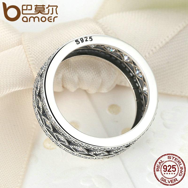 BAMOER 925 Sterling Silver Square Vintage Fascination, Clear CZ Ring