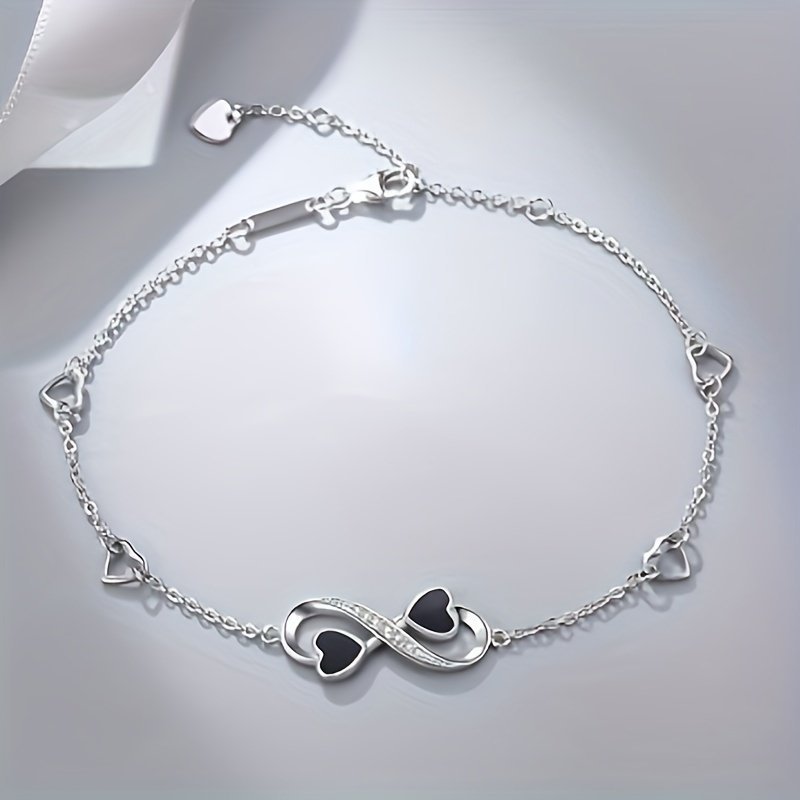 Infinite Love Heart Anklet - Sterling Silver With Black Enamel Hearts
