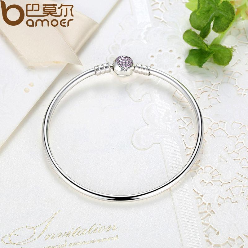 BAMOER 925 Sterling Silver Snake Chain Heart Bangle & Bracelet Luxury Jewelry