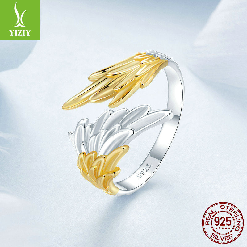 Yinziyun original 14K gold plated over sterling wing opening ring, men's and women's personalized and atmospheric s925 silver gold silver wing ring