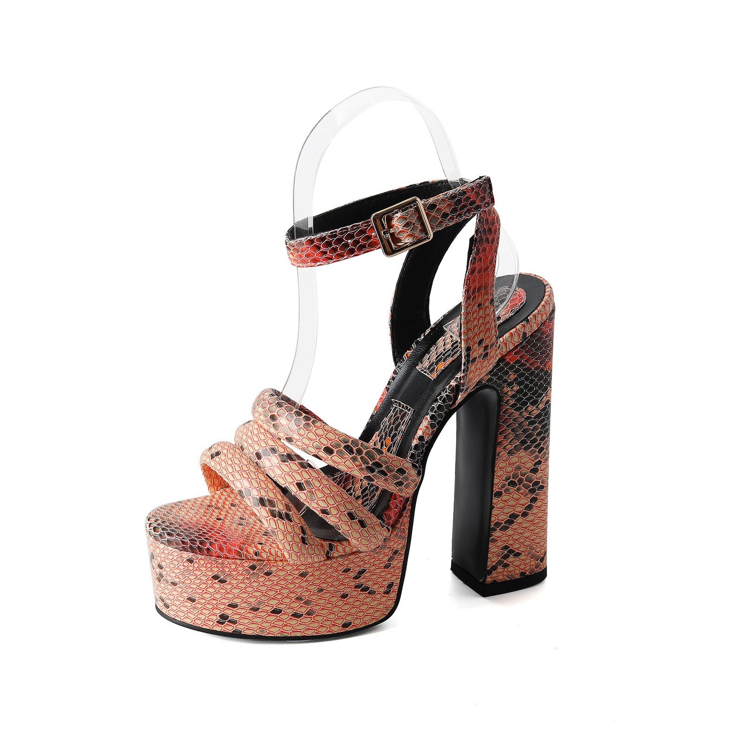 Round toe button strap with exposed toe snake pattern thick heel oversized sandals for women