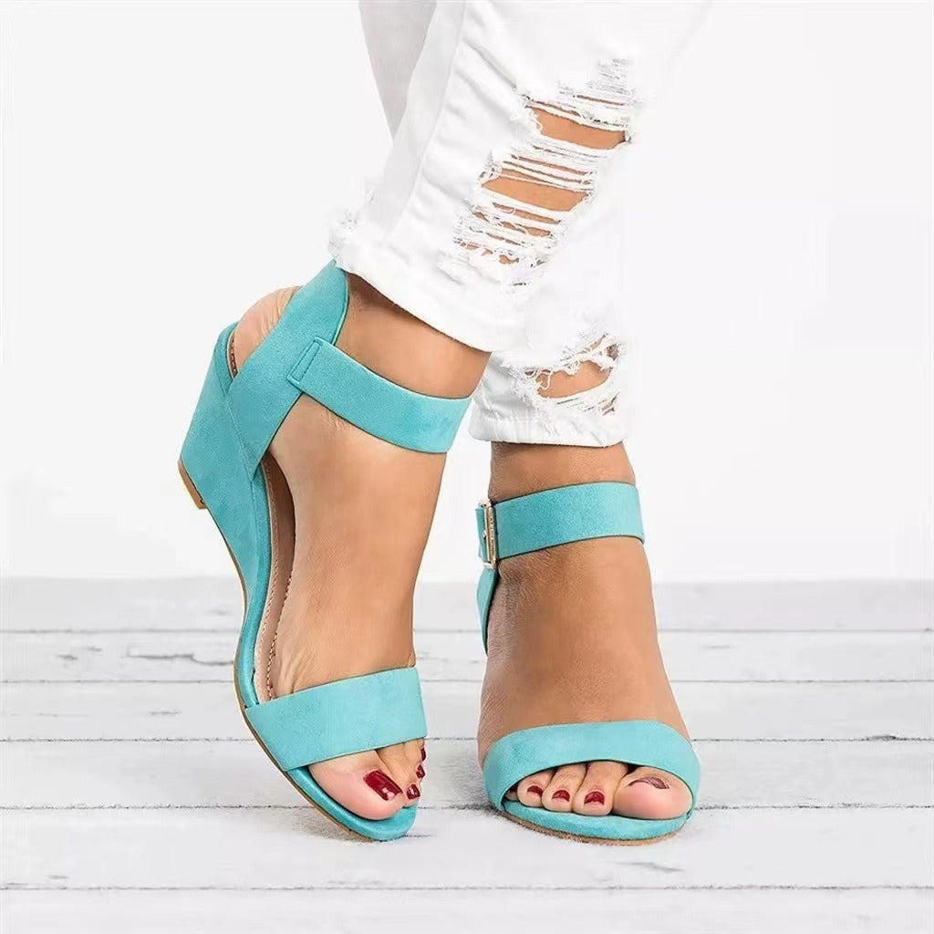 Women's Sandals Solid Color European and American Wind Fish Mouth Open Toe One line Buckle Elevated Slope Heel Sandals
