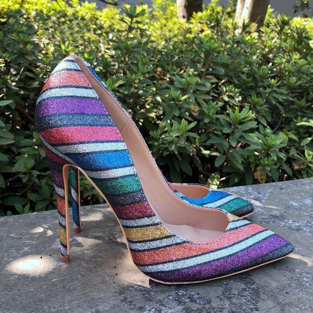 Tikicup Women Rainbow Iridescent High Heels Shiny Glitter Pointy Toe Stilettos Ladies Slip On Pumps Sexy Party Shoes 12/10/8cm
