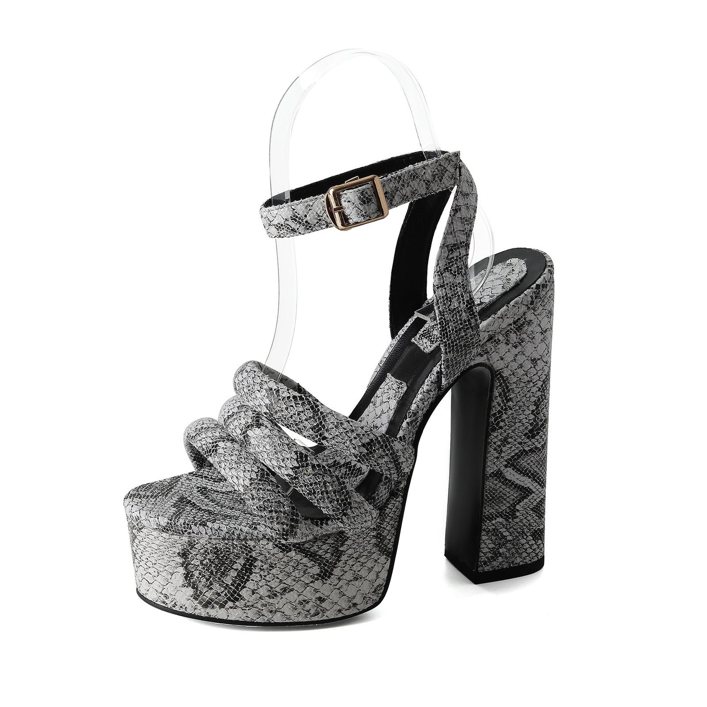 Round toe button strap with exposed toe snake pattern thick heel oversized sandals for women