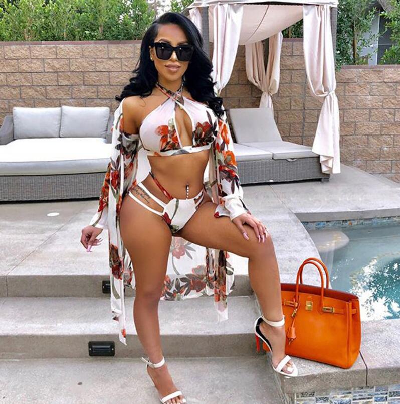 Bikini+Cove Up 3PCS Set Sexy Thong High Cut Swimwear Women Floral Print Swimsuit Beach Cardigan Swim Wear