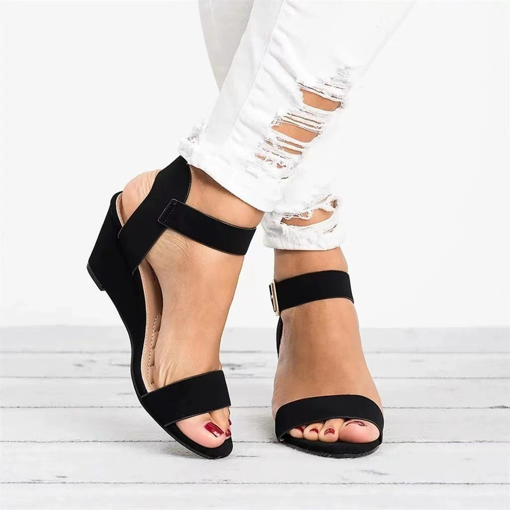 Women's Sandals Solid Color European and American Wind Fish Mouth Open Toe One line Buckle Elevated Slope Heel Sandals