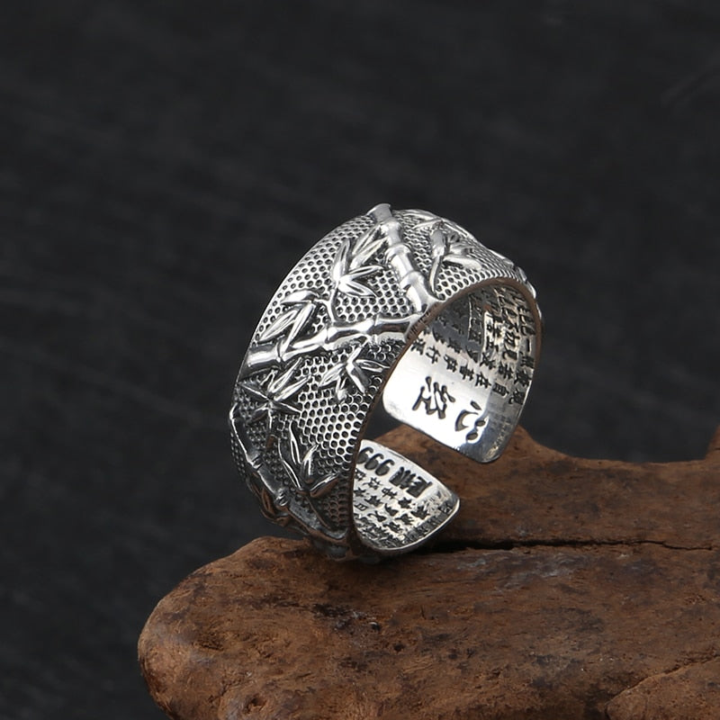Ethnic Buddha Custom Adjustable Ring 100% S999 Sterling Silver jewelry Men Rich bamboo Lucky Scripture Mantra LOVE Ring R12