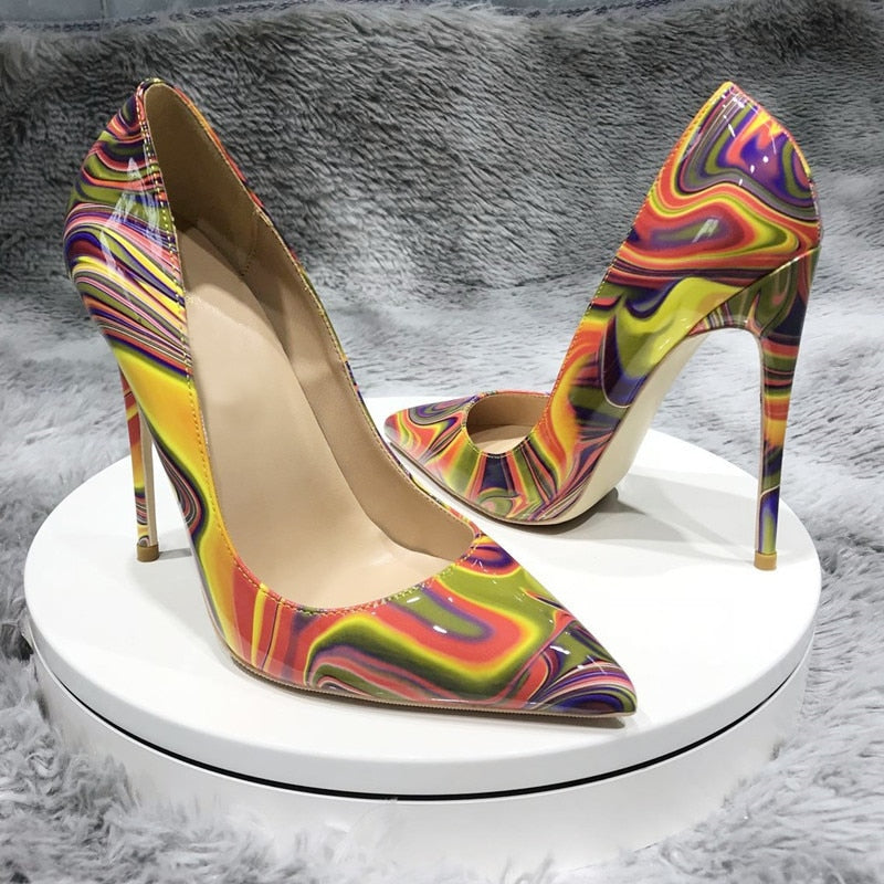 Art Painting Printed Women Partent Stiletto High Heels Customize Fashion Pumps Chic Ladies Party Shoes Plus Size 33-45