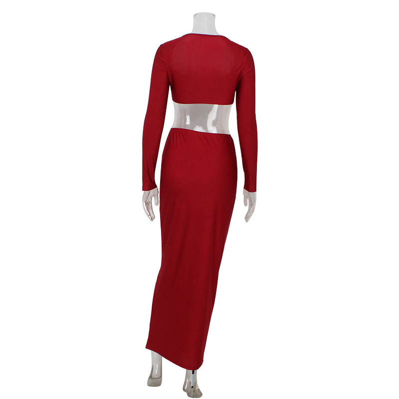 Women’s long sleeved long skirt set, strapless short top, high waist, hip hugging skirt, two-piece set