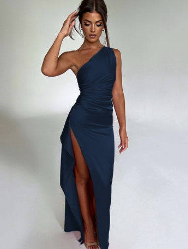 Sexy One-shoulder Satin Backless Slit Dress